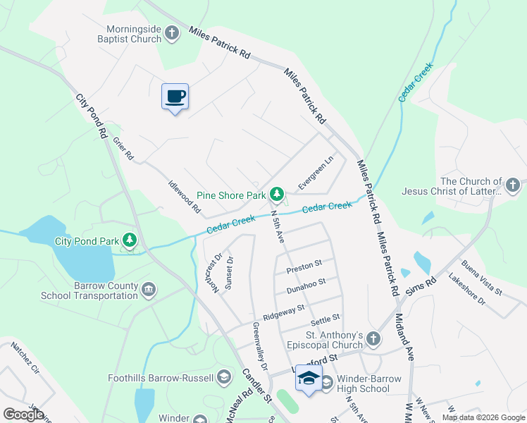 map of restaurants, bars, coffee shops, grocery stores, and more near 452 North 5th Avenue in Winder