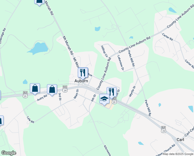 map of restaurants, bars, coffee shops, grocery stores, and more near 23 County Line-Auburn Road in Auburn
