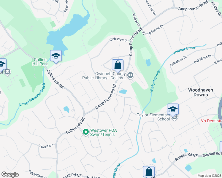 map of restaurants, bars, coffee shops, grocery stores, and more near 396 Camp Perrin Road Northeast in Lawrenceville