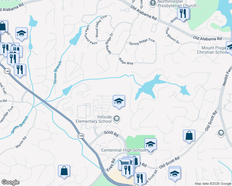 map of restaurants, bars, coffee shops, grocery stores, and more near 590 Willow Oak Way in Roswell