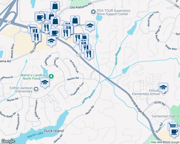 map of restaurants, bars, coffee shops, grocery stores, and more near 875 Waterbrook Court in Roswell