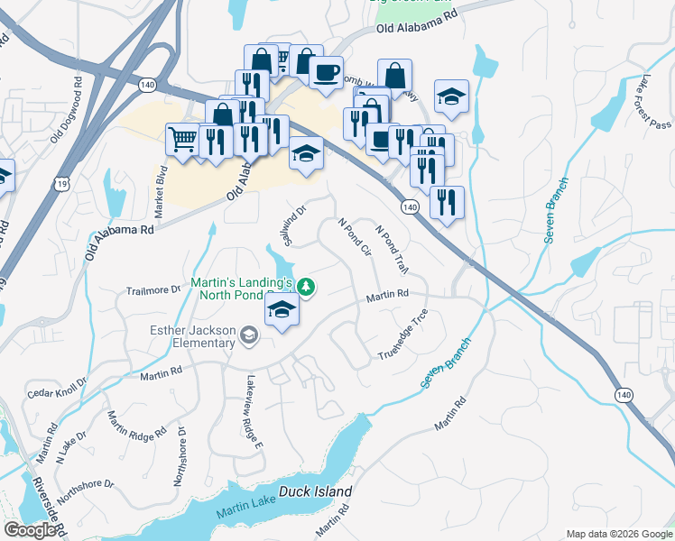 map of restaurants, bars, coffee shops, grocery stores, and more near 110 North Pond Way in Roswell