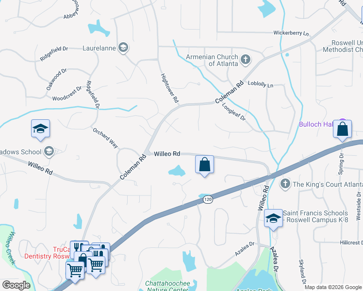 map of restaurants, bars, coffee shops, grocery stores, and more near 665 Willeo Road in Roswell