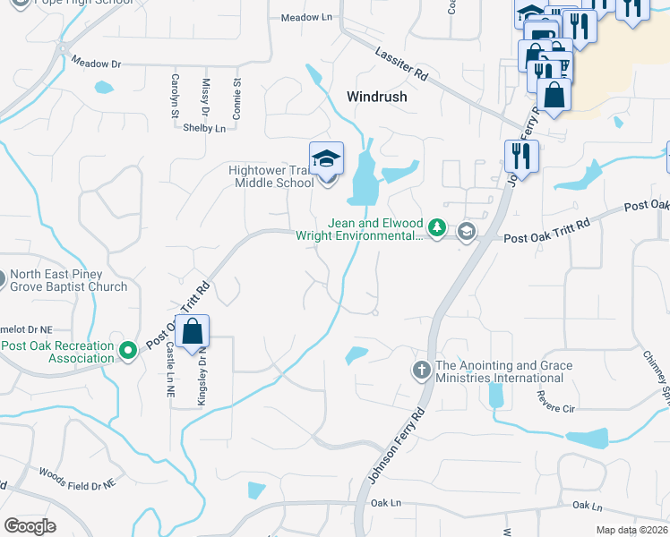 map of restaurants, bars, coffee shops, grocery stores, and more near 4100 Tritt Homestead Drive in Marietta