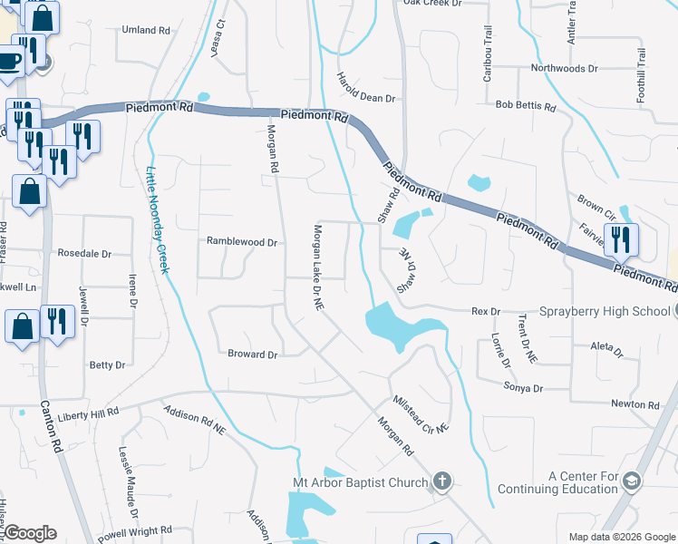 map of restaurants, bars, coffee shops, grocery stores, and more near 2651 Green Meadow Lane in Marietta
