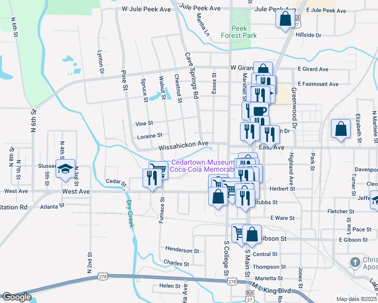 map of restaurants, bars, coffee shops, grocery stores, and more near 427 Wissahickon Avenue in Cedartown