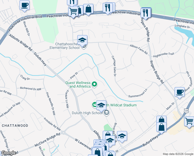 map of restaurants, bars, coffee shops, grocery stores, and more near 2845 Pine Street in Duluth