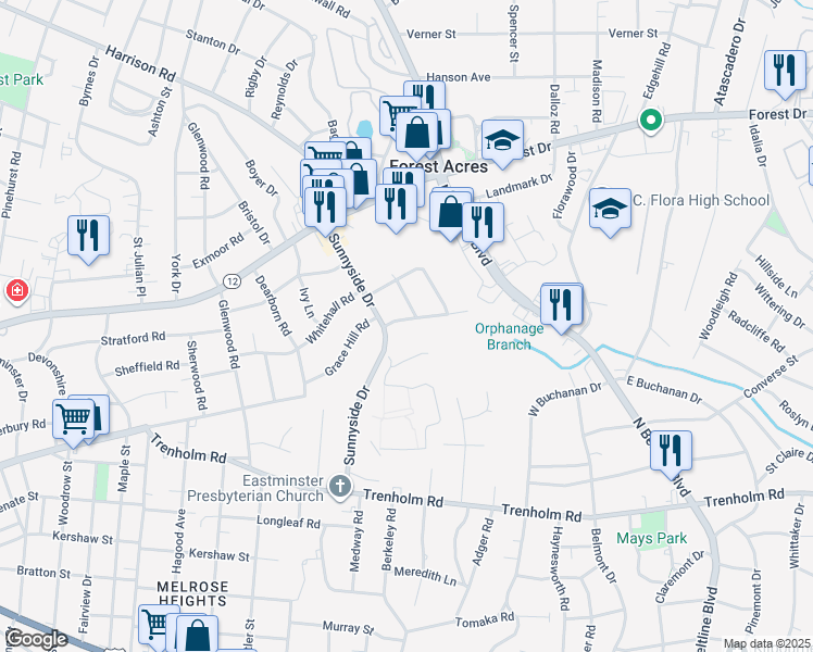 map of restaurants, bars, coffee shops, grocery stores, and more near 3228 Brookwood Court in Columbia