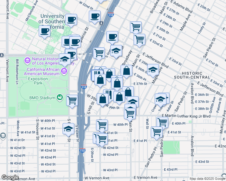 map of restaurants, bars, coffee shops, grocery stores, and more near 225 West 38th Street in Los Angeles