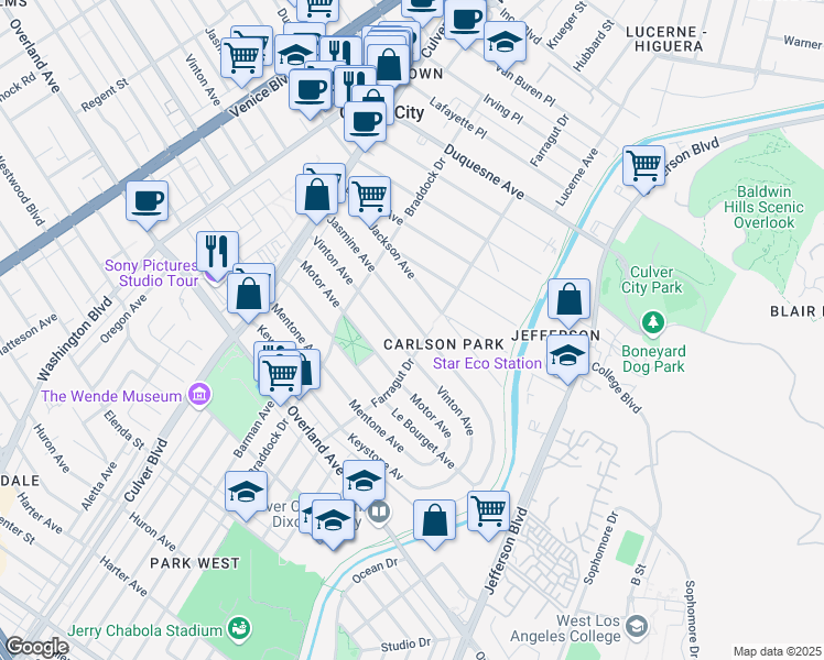 map of restaurants, bars, coffee shops, grocery stores, and more near 4283 Jasmine Avenue in Culver City