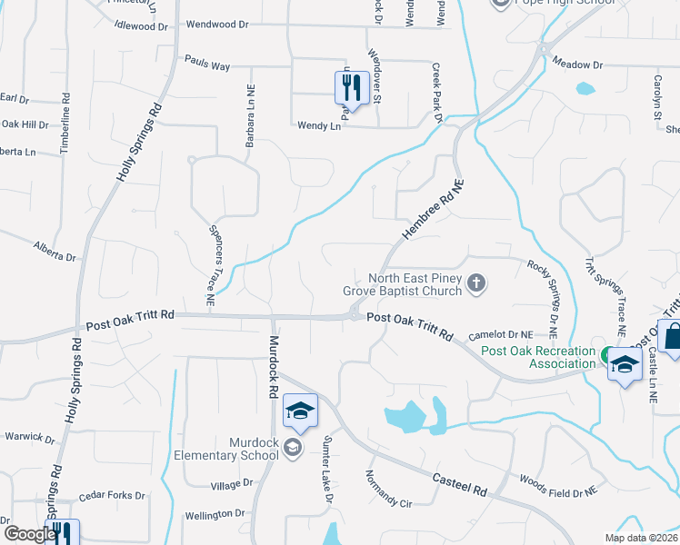 map of restaurants, bars, coffee shops, grocery stores, and more near 3060 Branford Court in Marietta