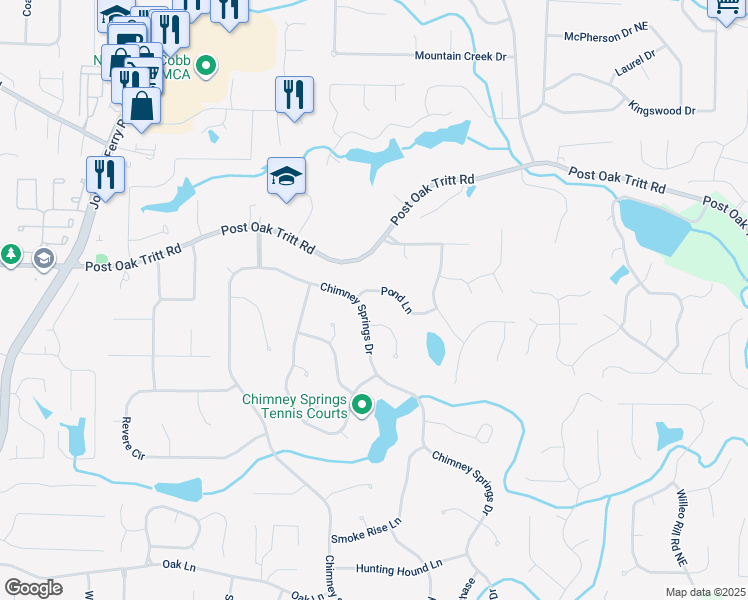 map of restaurants, bars, coffee shops, grocery stores, and more near 4556 Pond Lane in Marietta
