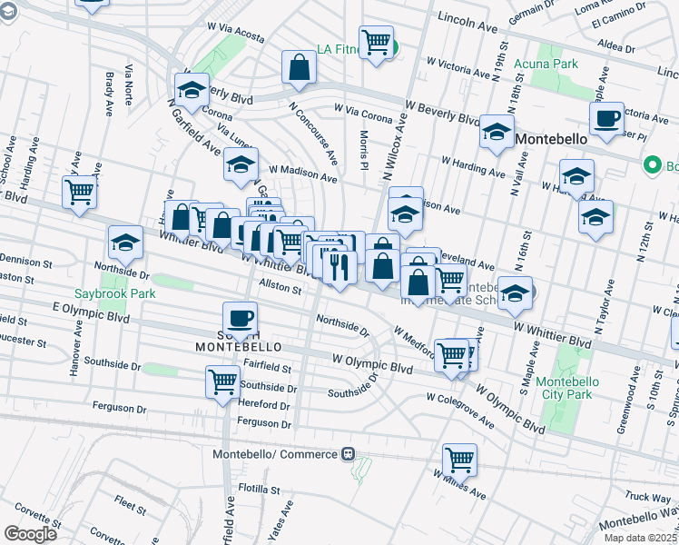 map of restaurants, bars, coffee shops, grocery stores, and more near 2322 West Whittier Boulevard in Montebello