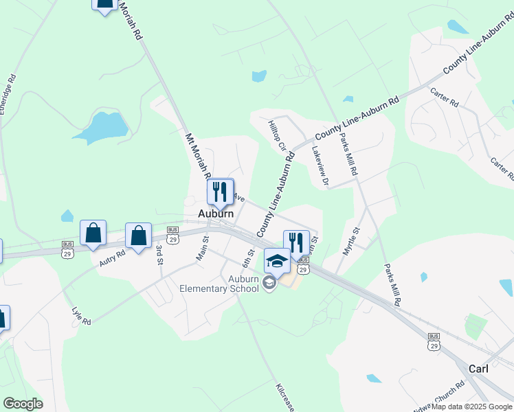 map of restaurants, bars, coffee shops, grocery stores, and more near 23 County Line-Auburn Road in Auburn