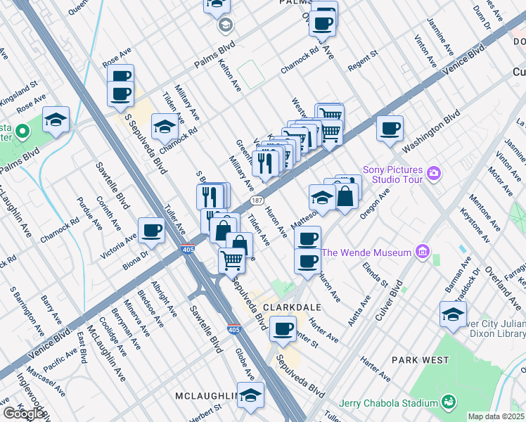 map of restaurants, bars, coffee shops, grocery stores, and more near 3823 Huron Avenue in Culver City