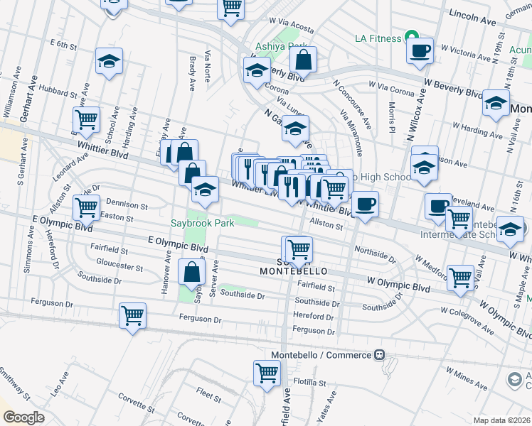 map of restaurants, bars, coffee shops, grocery stores, and more near 6506 Allston Street in East Los Angeles