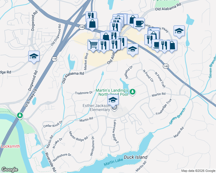 map of restaurants, bars, coffee shops, grocery stores, and more near 835 Greenvine Trce in Roswell