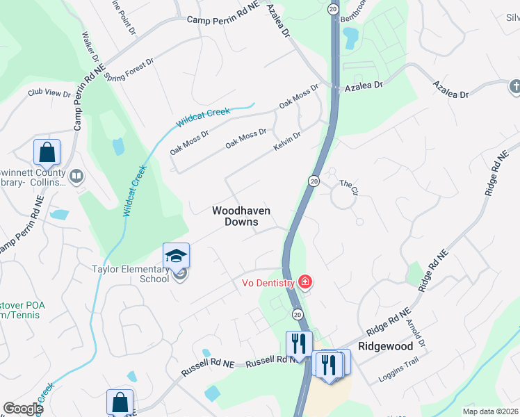 map of restaurants, bars, coffee shops, grocery stores, and more near 1776 Woodhaven Terrace in Lawrenceville