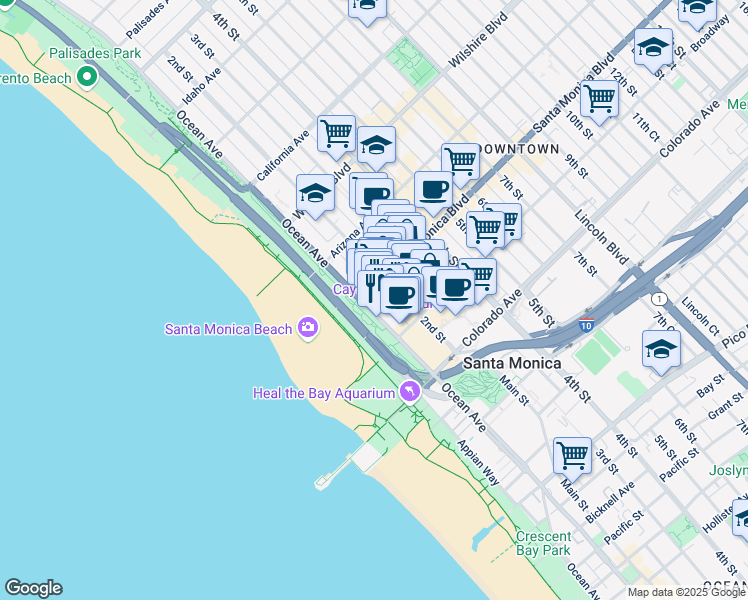 map of restaurants, bars, coffee shops, grocery stores, and more near 1401 Ocean Avenue in Santa Monica