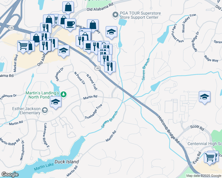 map of restaurants, bars, coffee shops, grocery stores, and more near 875 Waterbrook Court in Roswell
