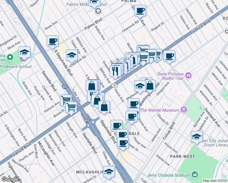 map of restaurants, bars, coffee shops, grocery stores, and more near 3823 Huron Avenue in Culver City