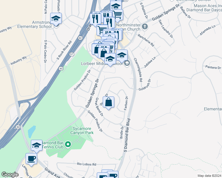 map of restaurants, bars, coffee shops, grocery stores, and more near 23303 Wagon Trail Road in Diamond Bar