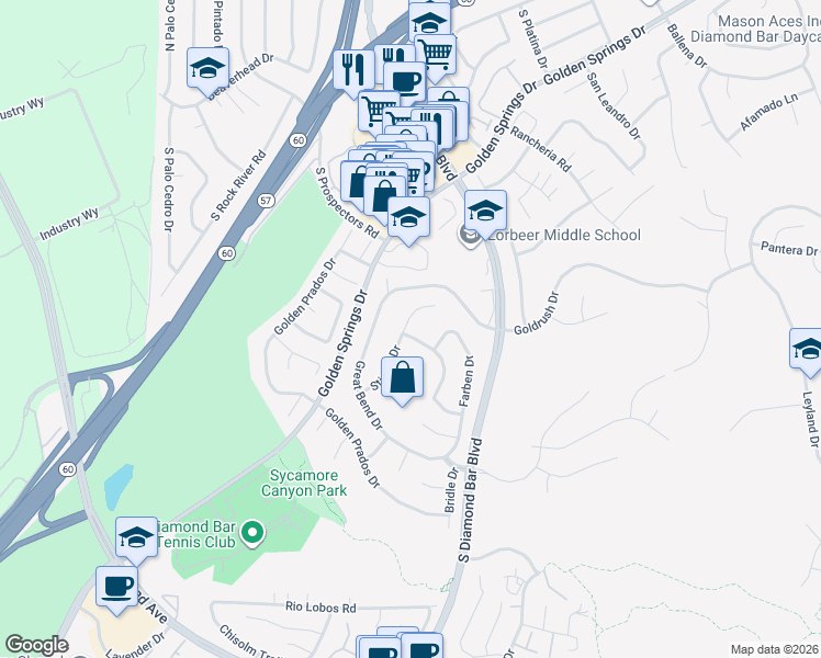 map of restaurants, bars, coffee shops, grocery stores, and more near 23303 Wagon Trail Road in Diamond Bar