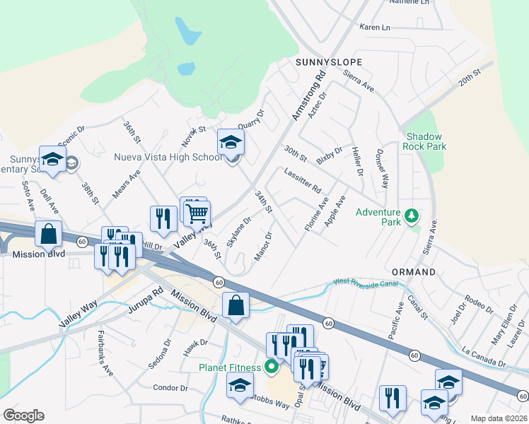 map of restaurants, bars, coffee shops, grocery stores, and more near 6686 34th Street in Riverside