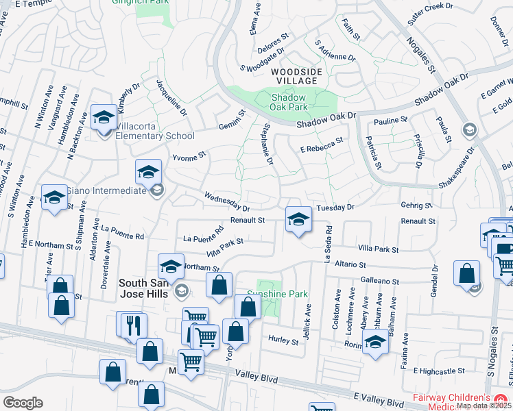 map of restaurants, bars, coffee shops, grocery stores, and more near 2034 Wednesday Drive in West Covina