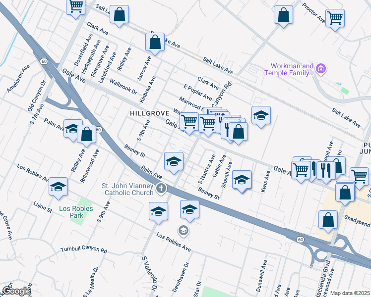 map of restaurants, bars, coffee shops, grocery stores, and more near 1139 Turnbull Canyon Road in La Puente