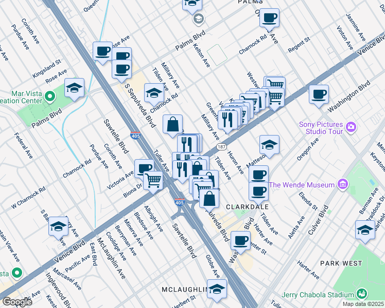 map of restaurants, bars, coffee shops, grocery stores, and more near 3763 South Bentley Avenue in Los Angeles