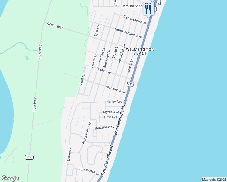 map of restaurants, bars, coffee shops, grocery stores, and more near 1701 Swordfish Lane in Carolina Beach