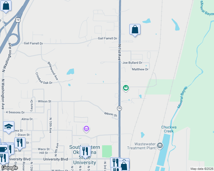 map of restaurants, bars, coffee shops, grocery stores, and more near 215 Northridge Drive in Durant