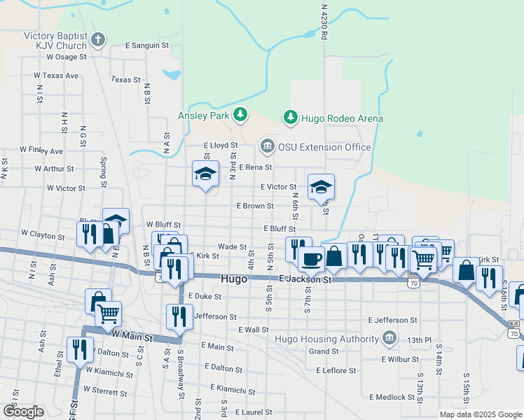 map of restaurants, bars, coffee shops, grocery stores, and more near 406 East Brown Street in Hugo
