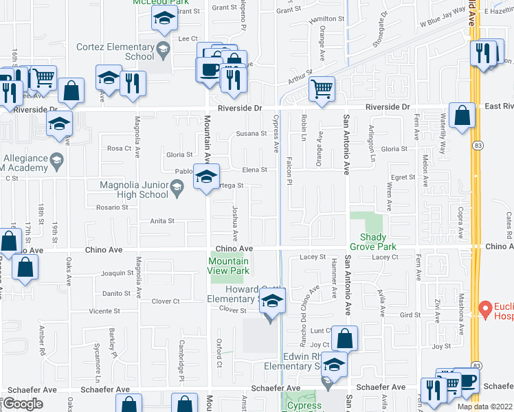 map of restaurants, bars, coffee shops, grocery stores, and more near 6445 Potomac River Court in Chino