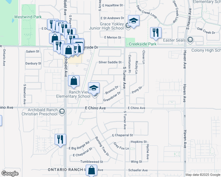 map of restaurants, bars, coffee shops, grocery stores, and more near 2941 Bronco Dr in Ontario