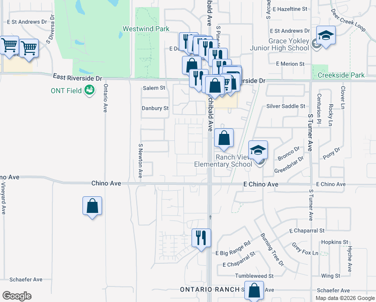 map of restaurants, bars, coffee shops, grocery stores, and more near 3273 Sprout Paseo in Ontario