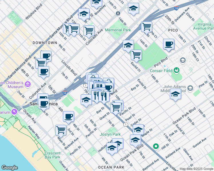 map of restaurants, bars, coffee shops, grocery stores, and more near 1846 10th Street in Santa Monica