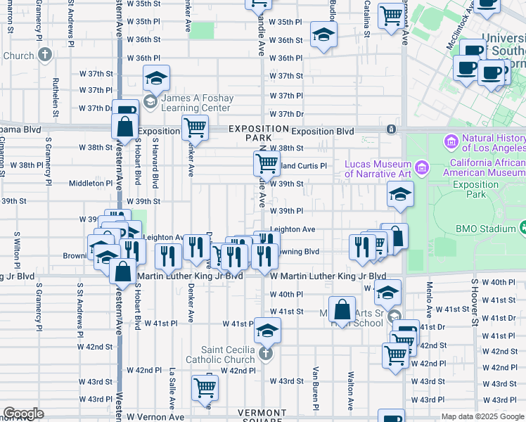 map of restaurants, bars, coffee shops, grocery stores, and more near South Normandie Avenue & West 39th Place in Los Angeles