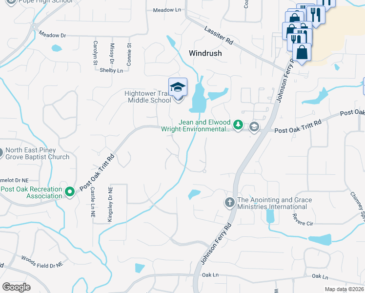 map of restaurants, bars, coffee shops, grocery stores, and more near 4100 Tritt Homestead Dr in Marietta