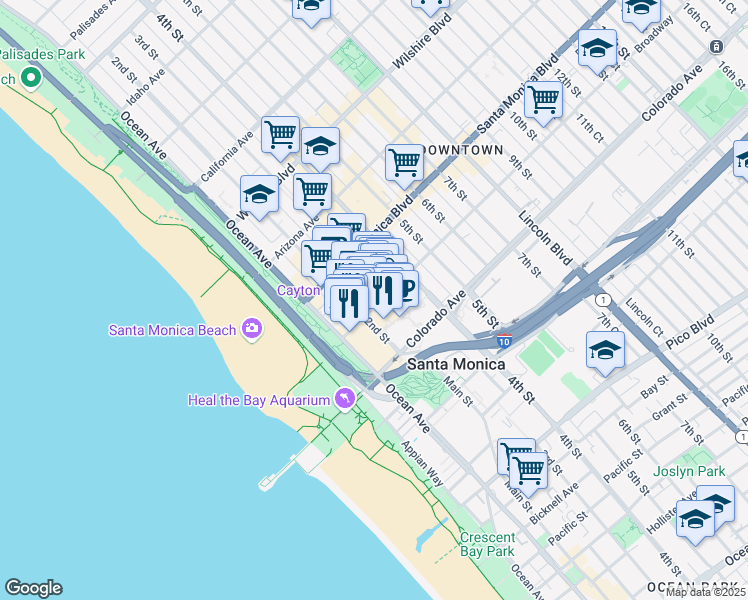 map of restaurants, bars, coffee shops, grocery stores, and more near 201 Broadway in Santa Monica