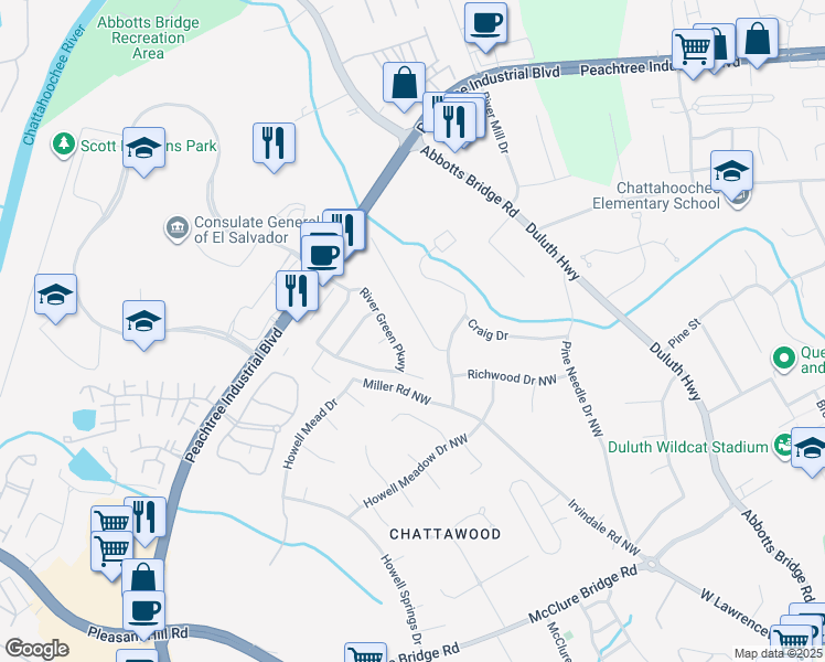 map of restaurants, bars, coffee shops, grocery stores, and more near 4077 Suzanne Lane in Duluth