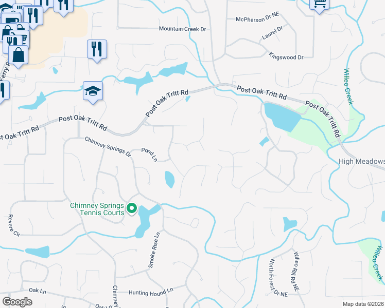 map of restaurants, bars, coffee shops, grocery stores, and more near 4747 Big Oak Bend in Marietta
