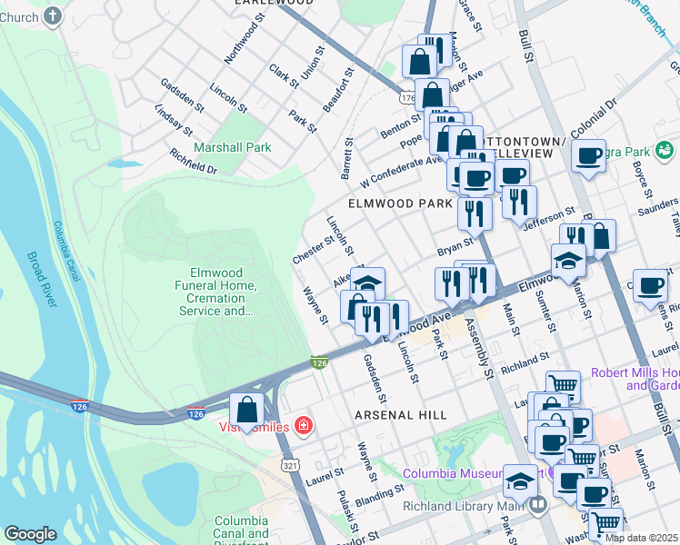 map of restaurants, bars, coffee shops, grocery stores, and more near 809 Aiken St in Columbia