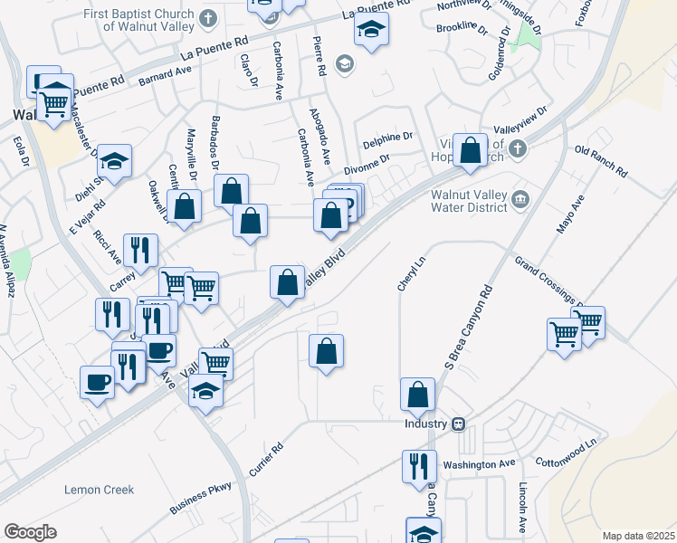 map of restaurants, bars, coffee shops, grocery stores, and more near 20740 Valley Boulevard in Walnut