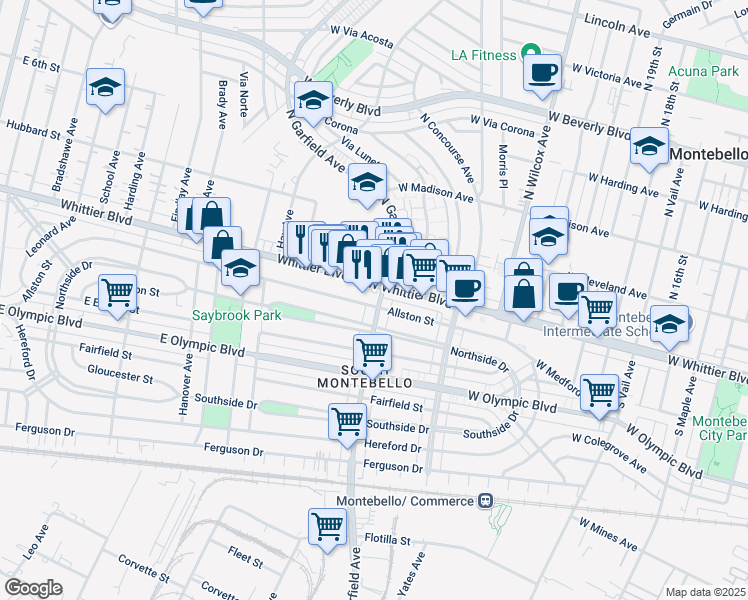 map of restaurants, bars, coffee shops, grocery stores, and more near in Montebello