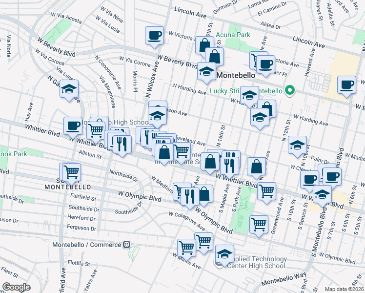 map of restaurants, bars, coffee shops, grocery stores, and more near 136 North 19th Street in Montebello