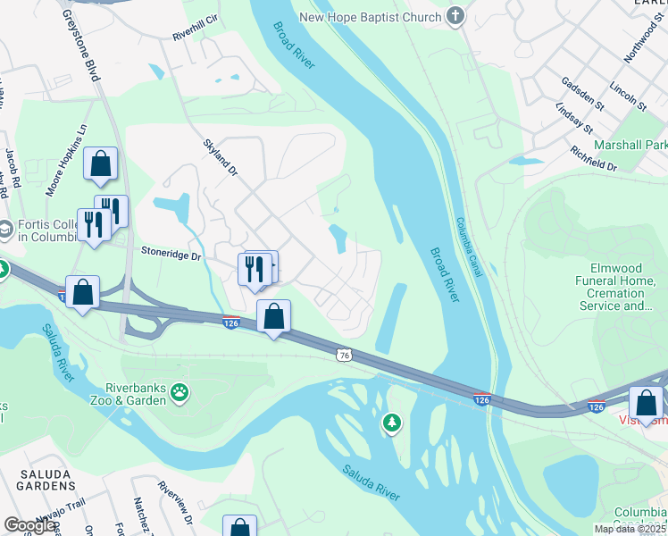 map of restaurants, bars, coffee shops, grocery stores, and more near 7 Skyland Court in Columbia