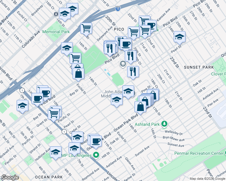 map of restaurants, bars, coffee shops, grocery stores, and more near 1509 Pearl Street in Santa Monica