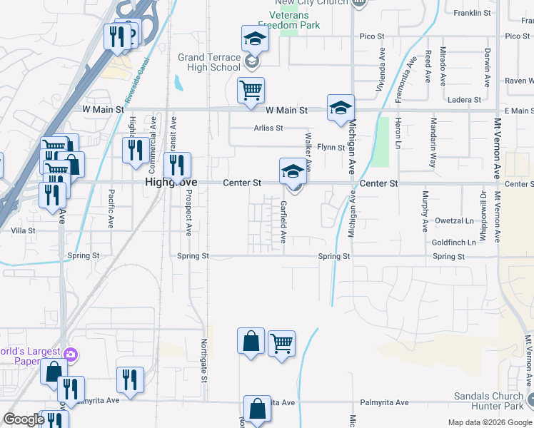 map of restaurants, bars, coffee shops, grocery stores, and more near 7179 Olive Grove Street in Riverside
